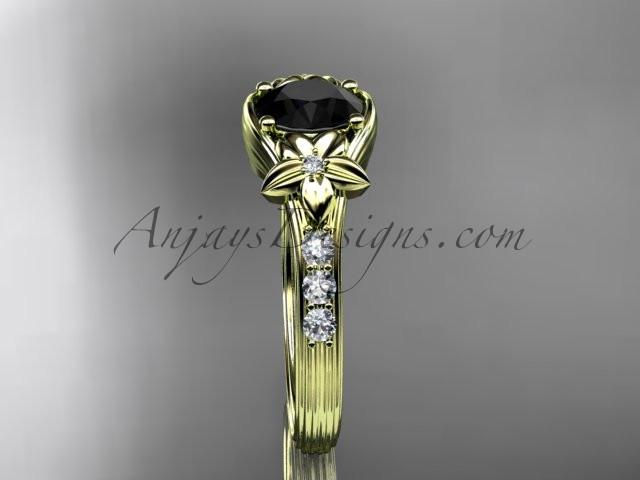 Unique 14k yellow gold diamond leaf and vine, floral diamond engagement ring with a Black Diamond center stone ADLR333 - AnjaysDesigns