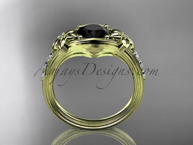 Unique 14k yellow gold diamond leaf and vine, floral diamond engagement ring with a Black Diamond center stone ADLR333 - AnjaysDesigns