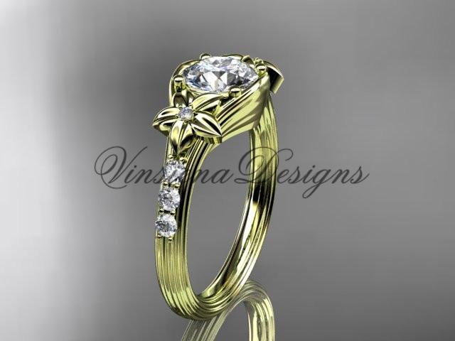 Unique 14k yellow gold diamond leaf and vine, floral engagement ring ADLR333