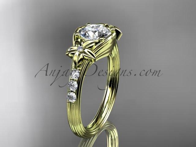 Unique 14k yellow gold diamond leaf and vine, floral diamond engagement ring with a "Forever One" Moissanite center stone ADLR333 - AnjaysDesigns