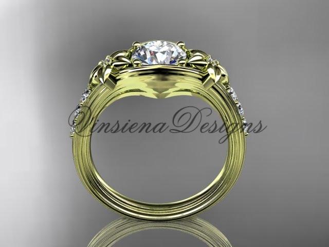 Unique 14k yellow gold diamond leaf and vine, floral engagement ring ADLR333