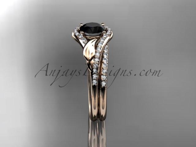 14kt rose gold diamond leaf wedding set, engagement set with a Black Diamond center stone ADLR334 - AnjaysDesigns