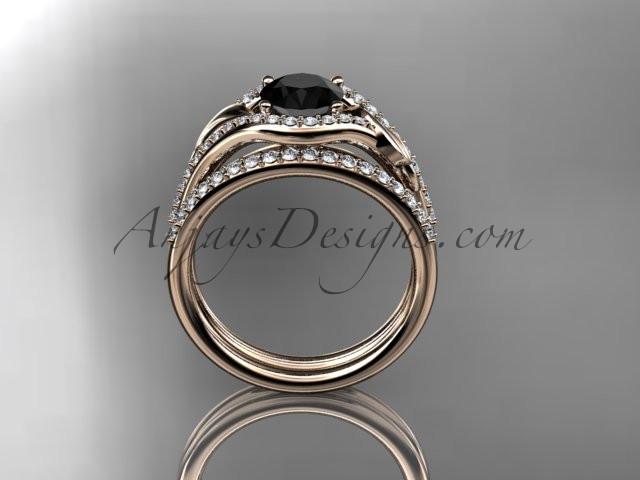 14kt rose gold diamond leaf wedding set, engagement set with a Black Diamond center stone ADLR334 - AnjaysDesigns