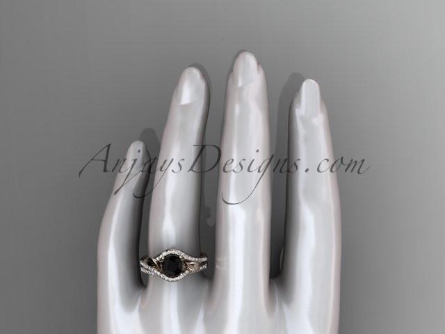 14kt rose gold diamond leaf wedding set, engagement set with a Black Diamond center stone ADLR334 - AnjaysDesigns