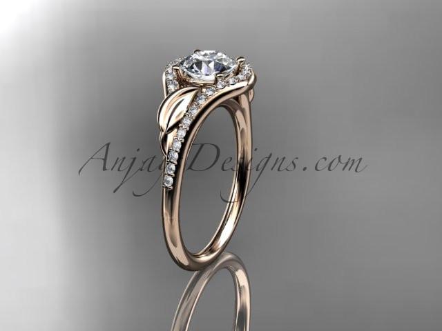 14kt rose gold diamond leaf wedding ring, engagement ring with a "Forever One" Moissanite center stone ADLR334 - AnjaysDesigns