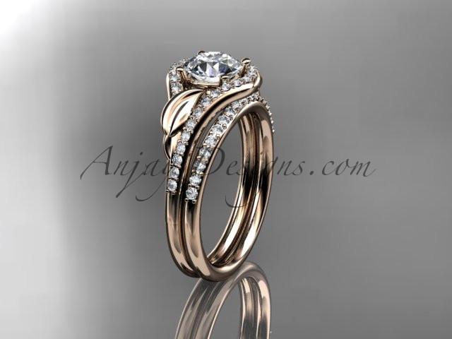 14kt rose gold diamond leaf wedding set, engagement set ADLR334 - AnjaysDesigns
