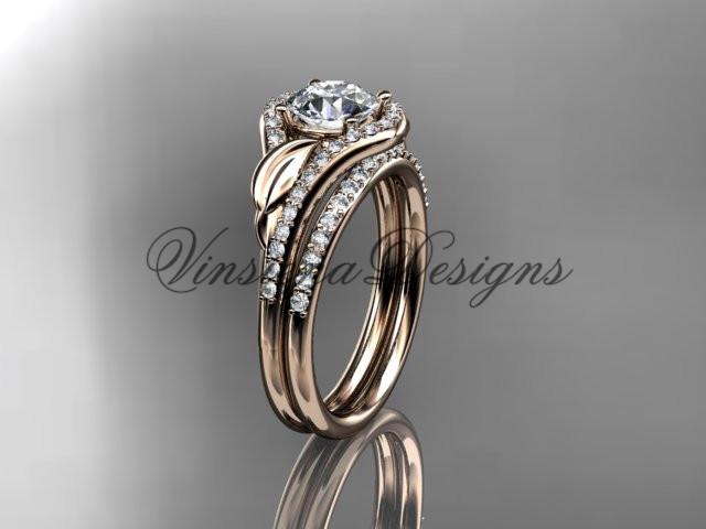 14kt rose gold diamond leaf and vine wedding, engagement ring set ADLR334S