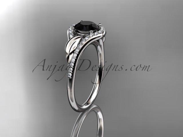 14kt white gold diamond leaf wedding ring, engagement ring with a Black Diamond center stone ADLR334 - AnjaysDesigns