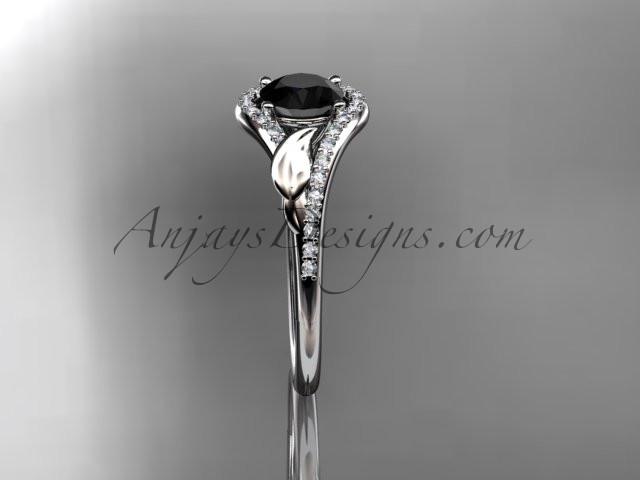 Platinum diamond leaf wedding ring, engagement ring with a Black Diamond center stone ADLR334 - AnjaysDesigns