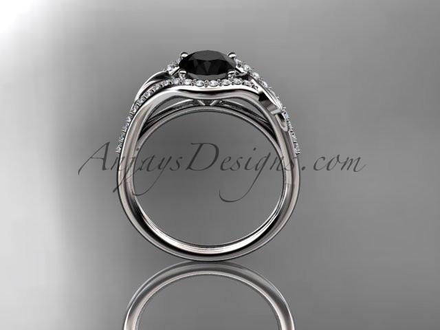 Platinum diamond leaf wedding ring, engagement ring with a Black Diamond center stone ADLR334 - AnjaysDesigns