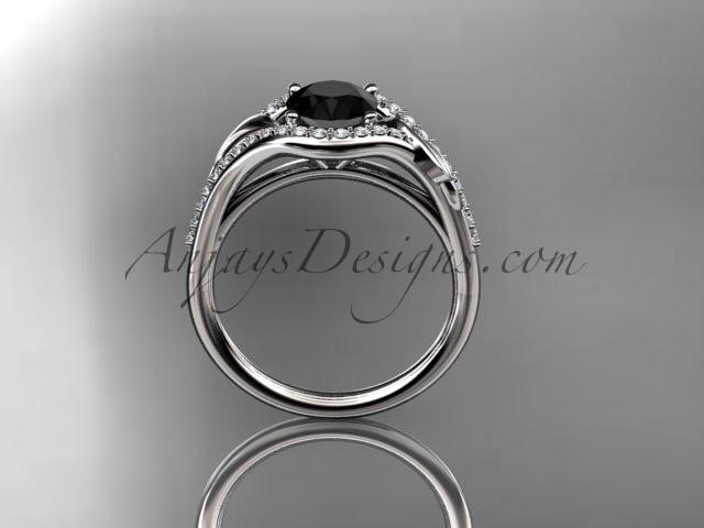 14kt white gold diamond leaf wedding ring, engagement ring with a Black Diamond center stone ADLR334 - AnjaysDesigns