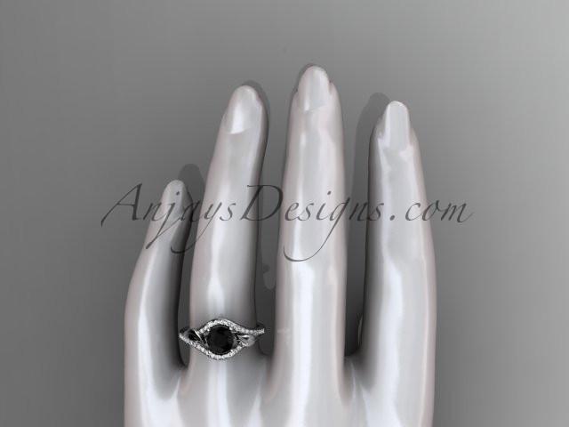 Platinum diamond leaf wedding ring, engagement ring with a Black Diamond center stone ADLR334 - AnjaysDesigns