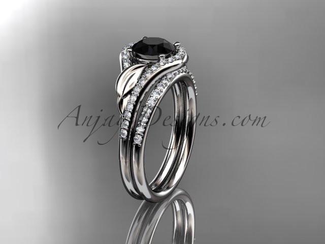 14kt white gold diamond leaf wedding set, engagement set with a Black Diamond center stone ADLR334 - AnjaysDesigns