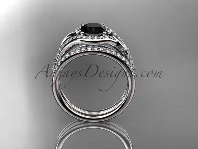 14kt white gold diamond leaf wedding set, engagement set with a Black Diamond center stone ADLR334 - AnjaysDesigns