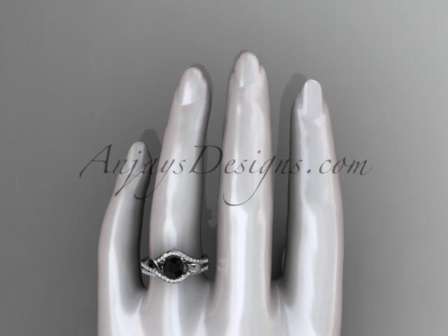 14kt white gold diamond leaf wedding set, engagement set with a Black Diamond center stone ADLR334 - AnjaysDesigns