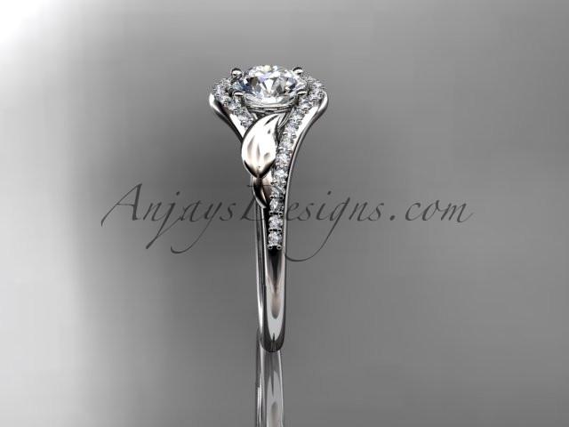 Platinum diamond leaf wedding ring, engagement ring with a "Forever One" Moissanite center stone ADLR334 - AnjaysDesigns