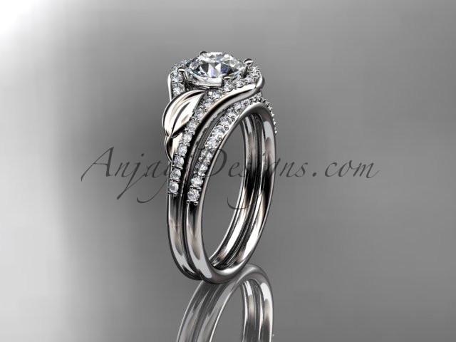 Platinum diamond leaf wedding set, engagement set with a "Forever One" Moissanite center stone ADLR334 - AnjaysDesigns