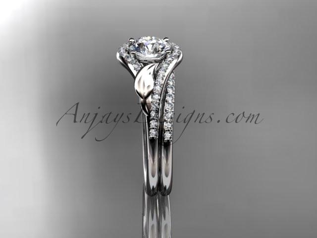 Platinum diamond leaf wedding set, engagement set with a "Forever One" Moissanite center stone ADLR334 - AnjaysDesigns