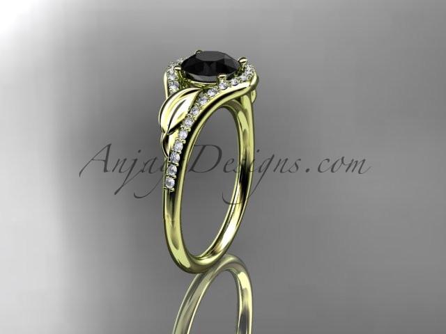 14kt yellow gold diamond leaf wedding ring, engagement ring with a Black Diamond center stone ADLR334 - AnjaysDesigns