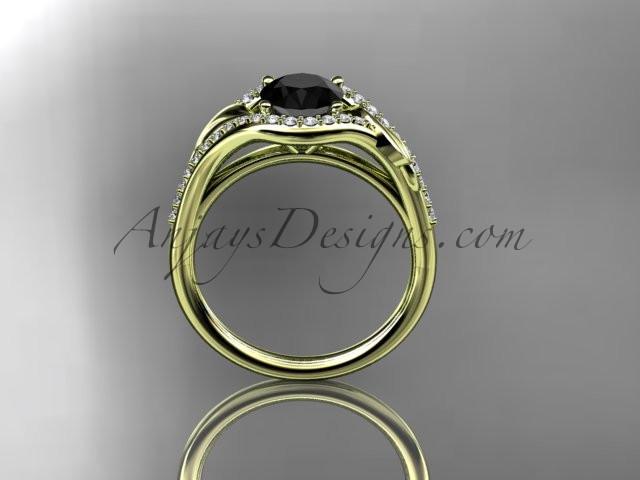 14kt yellow gold diamond leaf wedding ring, engagement ring with a Black Diamond center stone ADLR334 - AnjaysDesigns
