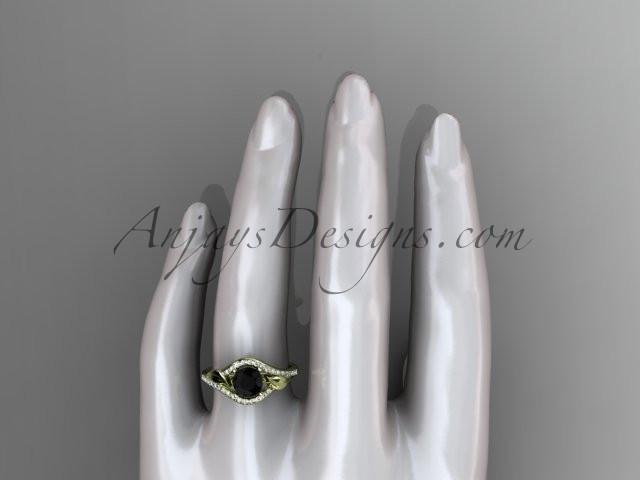 14kt yellow gold diamond leaf wedding ring, engagement ring with a Black Diamond center stone ADLR334 - AnjaysDesigns