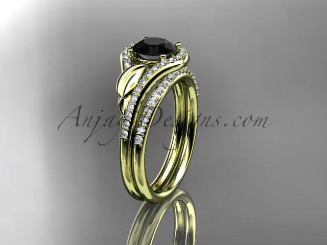 14kt yellow gold diamond leaf wedding set, engagement set with a Black Diamond center stone ADLR334 - AnjaysDesigns