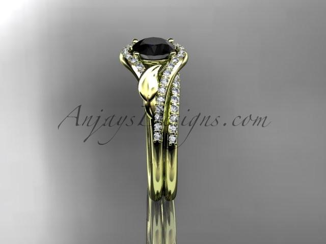 14kt yellow gold diamond leaf wedding set, engagement set with a Black Diamond center stone ADLR334 - AnjaysDesigns