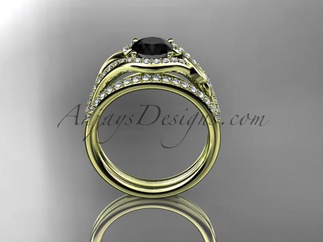 14kt yellow gold diamond leaf wedding set, engagement set with a Black Diamond center stone ADLR334 - AnjaysDesigns