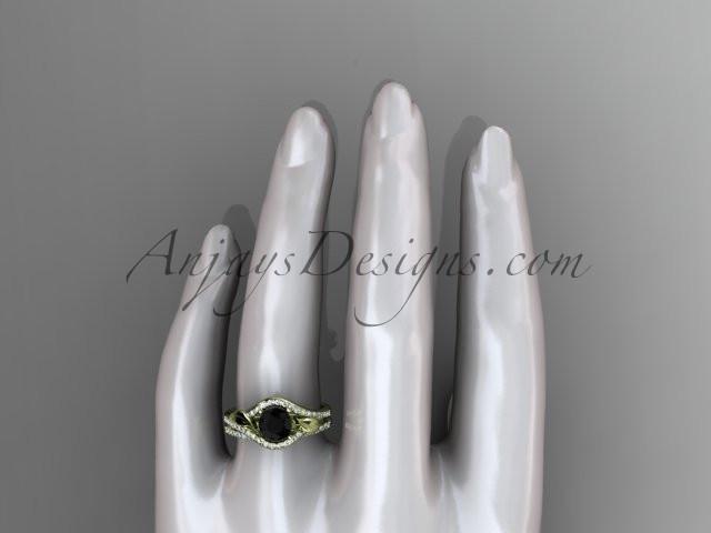 14kt yellow gold diamond leaf wedding set, engagement set with a Black Diamond center stone ADLR334 - AnjaysDesigns