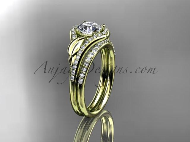 14kt yellow gold diamond leaf wedding set, engagement set ADLR334 - AnjaysDesigns
