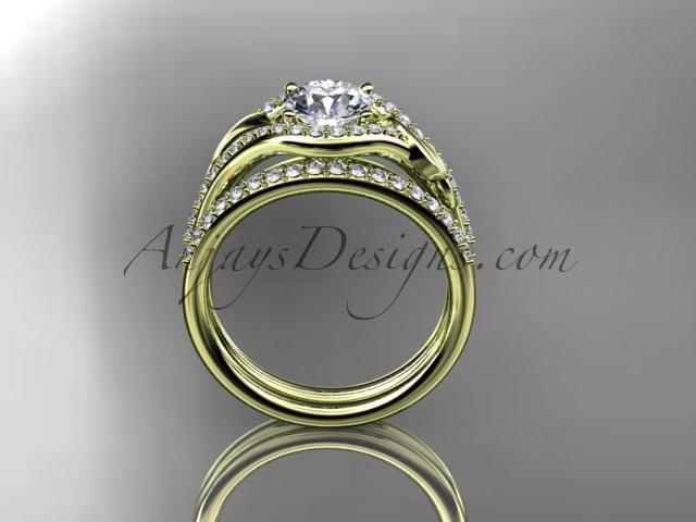 14kt yellow gold diamond leaf wedding set, engagement set with a "Forever One" Moissanite center stone ADLR334 - AnjaysDesigns