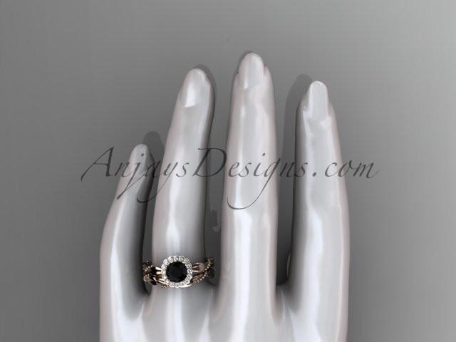14kt rose gold diamond leaf and vine wedding set, engagement set with a Black Diamond center stone ADLR337 - AnjaysDesigns