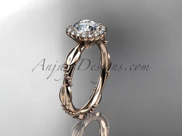 14kt rose gold diamond leaf and vine wedding ring, engagement ring with a "Forever One" Moissanite center stone ADLR337 - AnjaysDesigns