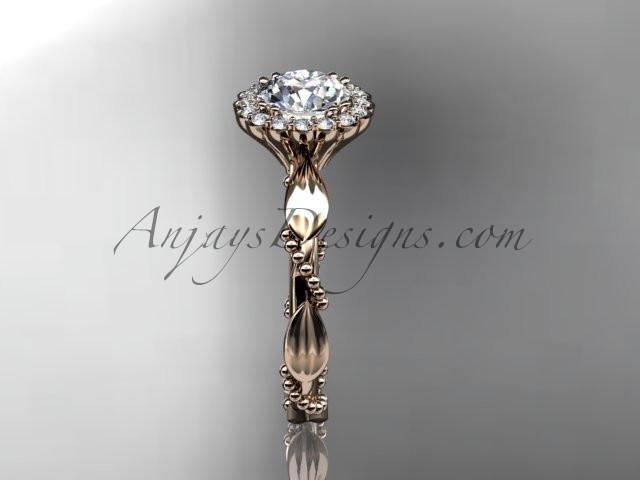 14kt rose gold diamond leaf and vine wedding ring, engagement ring with a "Forever One" Moissanite center stone ADLR337 - AnjaysDesigns