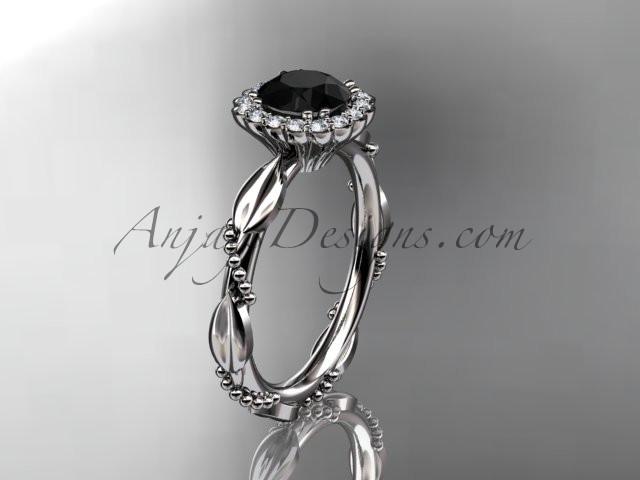 14kt white gold diamond leaf and vine wedding ring, engagement ring with a Black Diamond center stone ADLR337 - AnjaysDesigns
