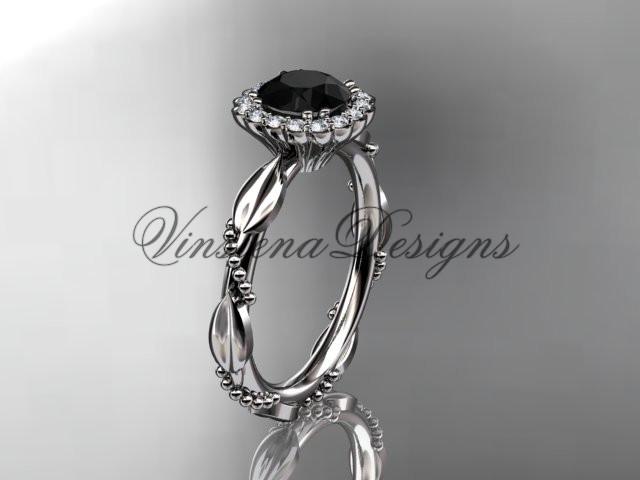14k white gold diamond leaf engagement ring, Enhanced Black Diamond ADLR337