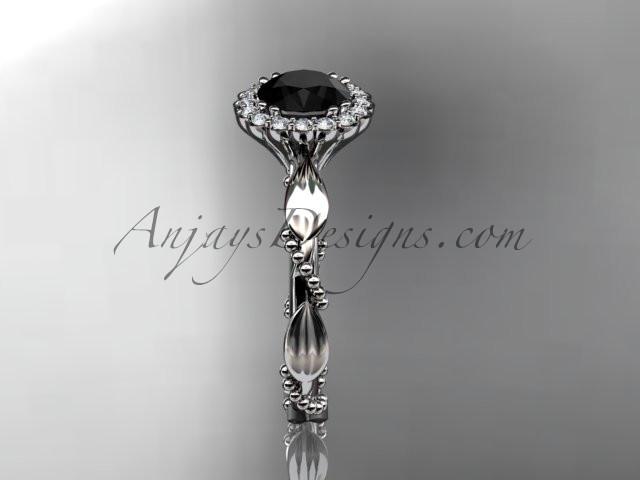 Platinum diamond leaf and vine wedding ring, engagement ring with a Black Diamond center stone ADLR337 - AnjaysDesigns