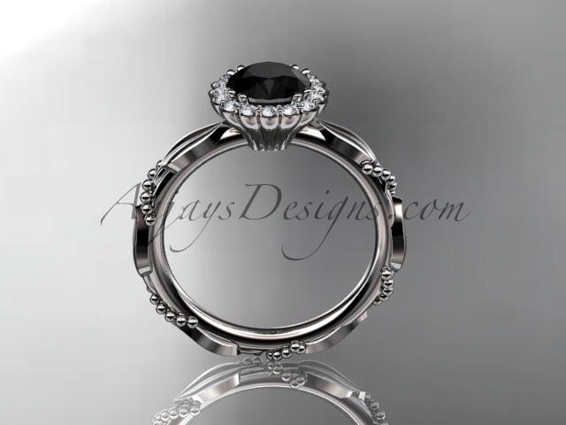 Platinum diamond leaf and vine wedding ring, engagement ring with a Black Diamond center stone ADLR337 - AnjaysDesigns