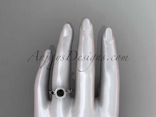 14kt white gold diamond leaf and vine wedding ring, engagement ring with a Black Diamond center stone ADLR337 - AnjaysDesigns