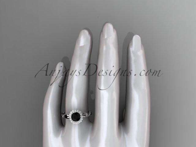Platinum diamond leaf and vine wedding ring, engagement ring with a Black Diamond center stone ADLR337 - AnjaysDesigns