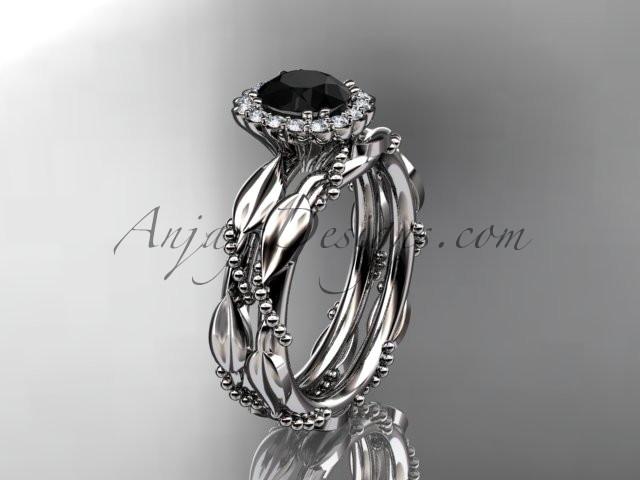 Platinum diamond leaf and vine wedding set, engagement set with a Black Diamond center stone ADLR337 - AnjaysDesigns