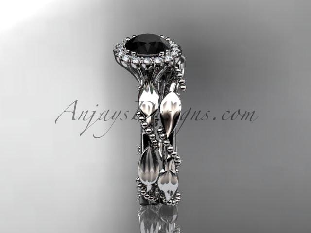 Platinum diamond leaf and vine wedding set, engagement set with a Black Diamond center stone ADLR337 - AnjaysDesigns
