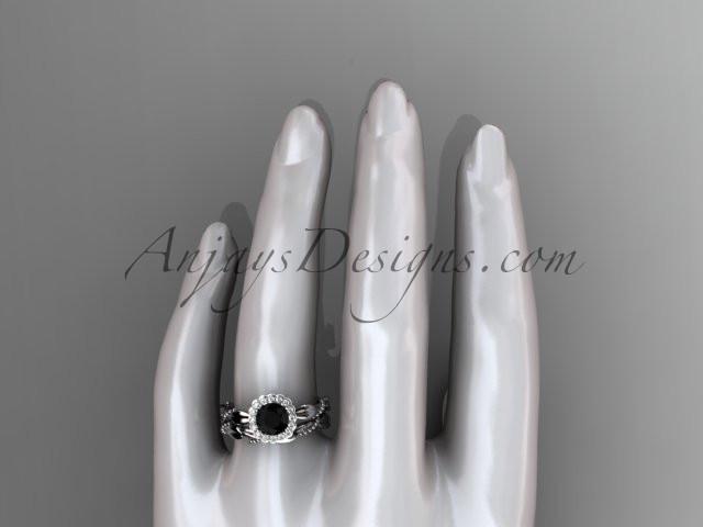 14kt white gold diamond leaf and vine wedding set, engagement set with a Black Diamond center stone ADLR337 - AnjaysDesigns