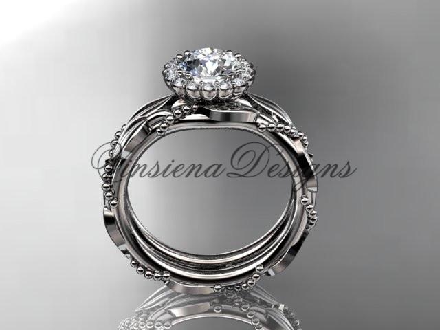 14k white gold diamond leaf, vine wedding, engagement ring set ADLR337S