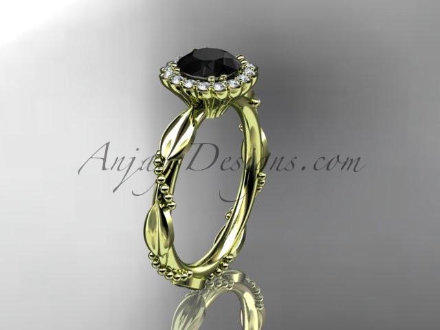 14kt yellow gold diamond leaf and vine wedding ring, engagement ring with a Black Diamond center stone ADLR337 - AnjaysDesigns