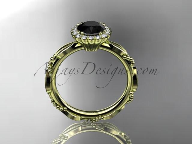 14kt yellow gold diamond leaf and vine wedding ring, engagement ring with a Black Diamond center stone ADLR337 - AnjaysDesigns