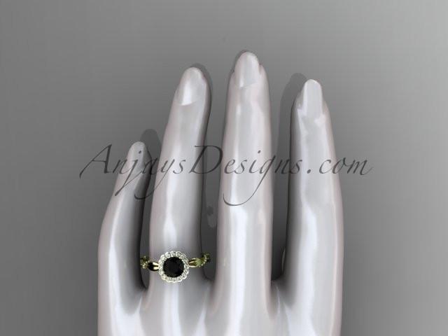 14kt yellow gold diamond leaf and vine wedding ring, engagement ring with a Black Diamond center stone ADLR337 - AnjaysDesigns