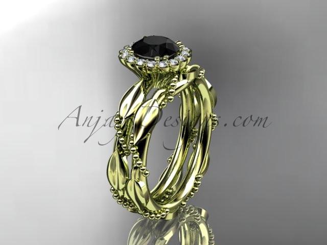 14kt yellow gold diamond leaf and vine wedding set, engagement set with a Black Diamond center stone ADLR337 - AnjaysDesigns