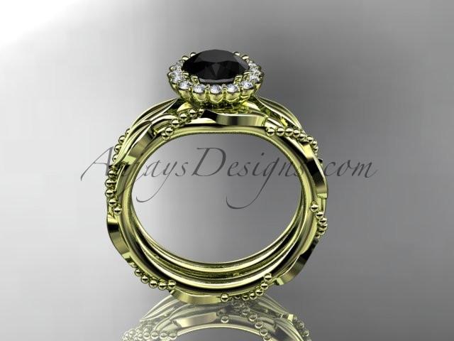 14kt yellow gold diamond leaf and vine wedding set, engagement set with a Black Diamond center stone ADLR337 - AnjaysDesigns