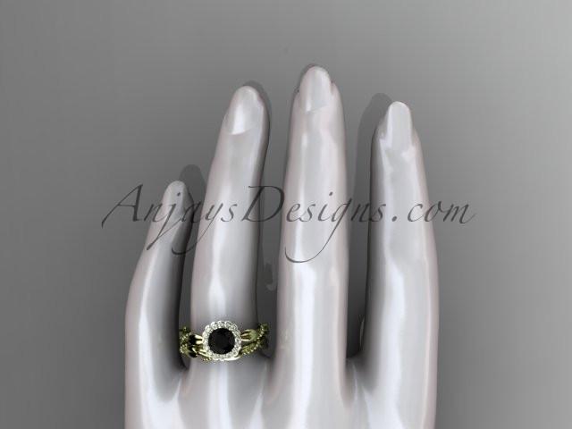 14kt yellow gold diamond leaf and vine wedding set, engagement set with a Black Diamond center stone ADLR337 - AnjaysDesigns